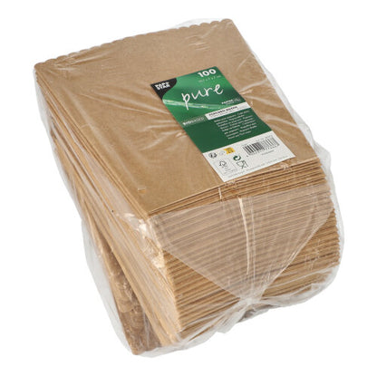 Een stapel bruine PAPSTAR popcorn-dozen (19,7x7x7 cm, 100 stuks) is verpakt in doorzichtig plastic met een groen-wit etiket - ideaal voor de volgende filmavond.