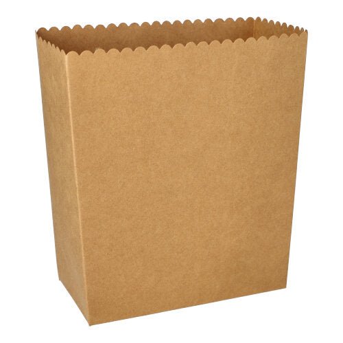 De PAPSTAR popcorn-dozen vierkant, bruin (19,2x15,8x8 cm, groot) van PAPSTAR GmbH-folie (50 stuks) is een rechthoekige bruine container met golfrand, ideaal voor milieuvriendelijke evenementen.