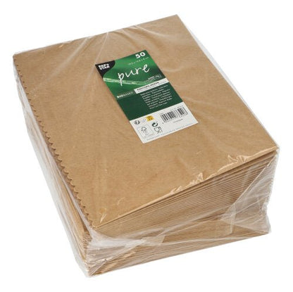 Een stapel PAPSTAR popcorn-dozen vierkant, bruin (19,2x15,8x8 cm, groot), 50 stuks, verpakt in helder plastic met groen-wit merklabel - ideaal voor evenementen. Merk: PAPSTAR GmbH.