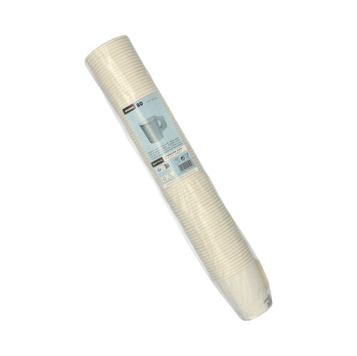 Eine versiegelte Packung mit 80 weißen Starpak-Einweg-Pappbechern mit Henkel (Trinkbecher, Pappe mit Henkel) wird gestapelt mit einem blauen Etikett mit Produktdetails und einer Becherillustration geliefert – ideal für Partys.