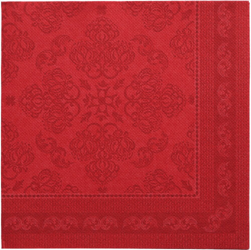 De PAPSTAR 50 servetten "ROYAL Collection" 1/4-vouw 40 x 40 cm in bordeaux kenmerken zich door een vierkante vorm met geperste florale en geometrische patronen, een donkerdere rode rand en een verfijnd, symmetrisch ontwerp - Premiumkwaliteit van de PAPSTAR GmbH.