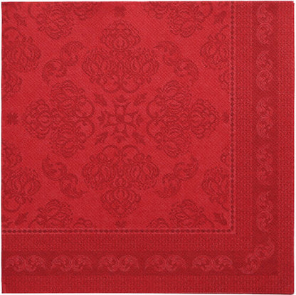 De PAPSTAR 50 servetten "ROYAL Collection" 1/4-vouw 40 x 40 cm in bordeaux kenmerken zich door een vierkante vorm met geperste florale en geometrische patronen, een donkerdere rode rand en een verfijnd, symmetrisch ontwerp - Premiumkwaliteit van de PAPSTAR GmbH.