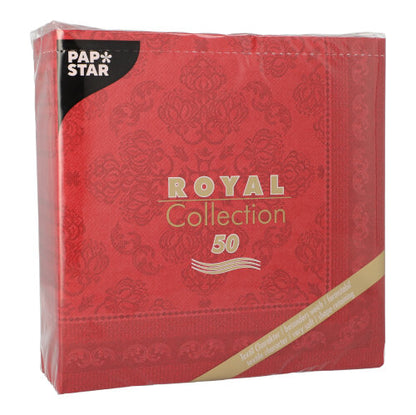 Een bordeauxrode PAPSTAR 50 servetten "ROYAL Collection" 1/4-vouw (40 x 40 cm) verpakking van de PAPSTAR GmbH met goud-witte letters en subtiel decoratief patroon.
