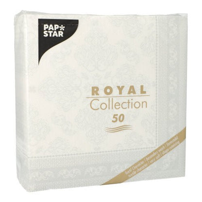 Een wit pakket van PAPSTAR GmbH bevat 50 1/4-vouw servetten "ROYAL Collection", 40 x 40 cm, met gouden en zwarte sierboorden.