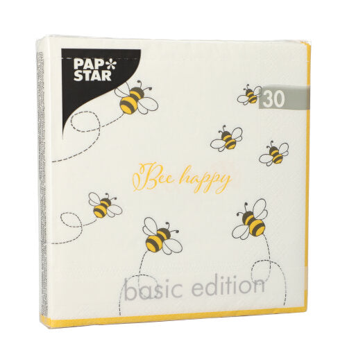 Abgebildet ist eine Packung PAPSTAR 30 Servietten, 3-lagig (33x33 cm, 1/4-Falz) der PAPSTAR GmbH, mit Cartoon-Bienen, „Bee happy“ in gelber Schrift und „Basic Edition“ am unteren Rand.