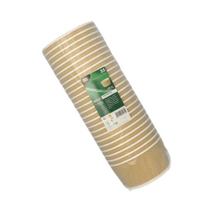 Een verpakking met 25 PAPSTAR soepbekers rond, bruin/wit Ripple Wall kartonnen bekers (elk 720 ml), van PAPSTAR GmbH, verpakt in doorzichtige folie met groen-wit etiket. Perfect voor warme of koude dranken.
