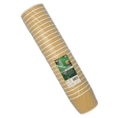 Een opgerolde stapel van 25 PAPSTAR Ronde soepbekers, 11 cm, bruin/wit, Ripple Wall (PAPSTAR GmbH), verpakt in doorzichtige folie met een groen-wit etiket.