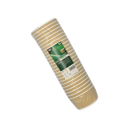 Een verpakking met 25 PAPSTAR ronde soepbekers, bruin/wit, 11 cm Ripple Wall wegwerpbekers van PAPSTAR GmbH bestaat uit helder kunststof met een groen-wit etiket.