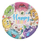 Het bord van 10 stuks, karton rond Ø 23 cm van de PAPSTAR GmbH toont kleurrijke cartoonmonsters met feesthoedjes en 'Happy Birthday' in het midden – ideaal voor feestjes en vieringen.