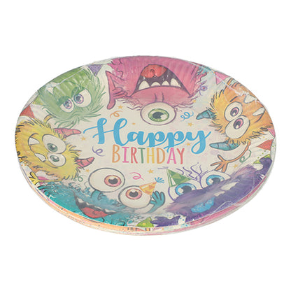 De PAPSTAR 10 borden, karton rond Ø 23 cm van de PAPSTAR GmbH toont kleurrijke cartoonmonsters en 'Happy Birthday' op een witte achtergrond met confetti – perfect voor feestjes en evenementen.
