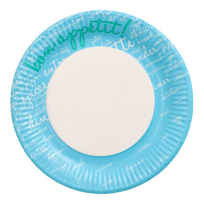 De PAPSTAR 10 borden, karton rond Ø 23 cm van de PAPSTAR GmbH heeft een wit midden en een blauwe rand met 'Eet smakelijk!' in groen en een tekst over eten in wit - ideaal voor feesten en evenementen.