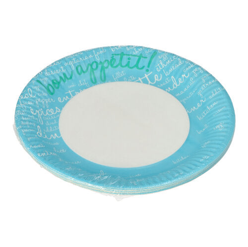 PAPSTAR 10 borden, karton rond Ø 23 cm van PAPSTAR GmbH: Ronde wegwerpborden met blauwe rand en witte handschrift ('Eet smakelijk!' in groen), ideaal voor feesten en evenementen. Het midden is eenvoudig wit.