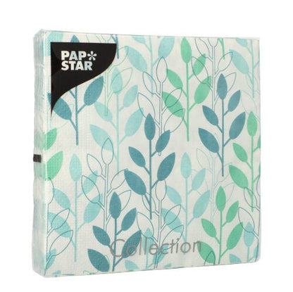 Een verzegelde verpakking van PAPSTAR GmbH 20 servetten, blauw, 3-laags, 33 x 33 cm, 1/4-vouw, met "Collection" op de voorkant.