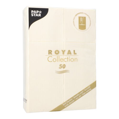 Een verpakking met 50 crèmekleurige PAPSTAR servetten „ROYAL Collection“ (48 x 30 cm, bestekvouw) van de PAPSTAR GmbH wordt geleverd in een verpakking met goud-witte tekst, een logo en informatie in de rechterbovenhoek.