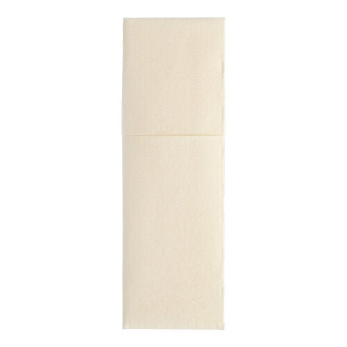 Tegen een witte achtergrond is een ongevouwen beige servet uit de PAPSTAR 50 servetten „ROYAL Collection“ (48 x 30 cm, met bestekvouw) van de PAPSTAR GmbH afgebeeld.