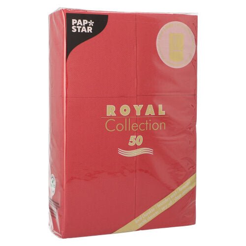Een verpakking met 50 servetten van de 'ROYAL Collection' van PAPSTAR GmbH, 48 x 30 cm, met bestekvouw, is verkrijgbaar in rood met gouden letters en voor extra frisheid verpakt in transparante folie.