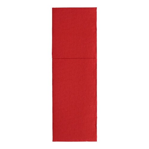 Twee rechthoekige rode PAPSTAR 50 servetten 'ROYAL Collection' 48 cm x 30 cm met bestekvouw van PAPSTAR GmbH zijn verticaal met de randen op elkaar gestapeld en vormen zo een lang rechthoek op een witte achtergrond.