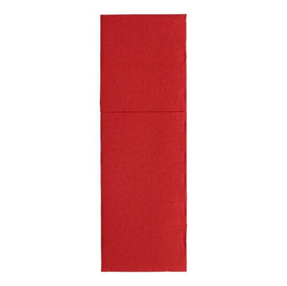 Twee rechthoekige rode PAPSTAR 50 servetten 'ROYAL Collection' 48 cm x 30 cm met bestekvouw van PAPSTAR GmbH zijn verticaal met de randen op elkaar gestapeld en vormen zo een lang rechthoek op een witte achtergrond.