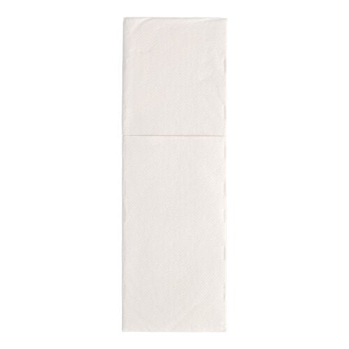 Een enkel uitgevouwen wit PAPSTAR 50 servetten „ROYAL Collection“ 48 cm x 30 cm servet met bestekvouw van de PAPSTAR GmbH is van bovenaf te zien op een eenvoudige witte achtergrond.