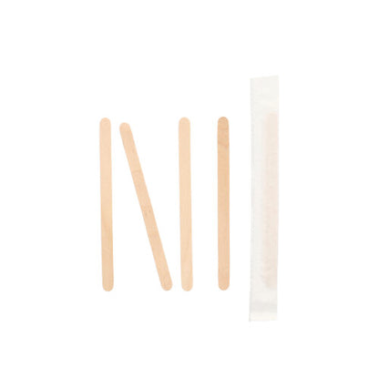 Vier PAPSTAR 1000 roerstaafjes van hout 'pure' van PAPSTAR GmbH zijn verticaal gerangschikt op een witte achtergrond, het vierde staafje is afzonderlijk verpakt.