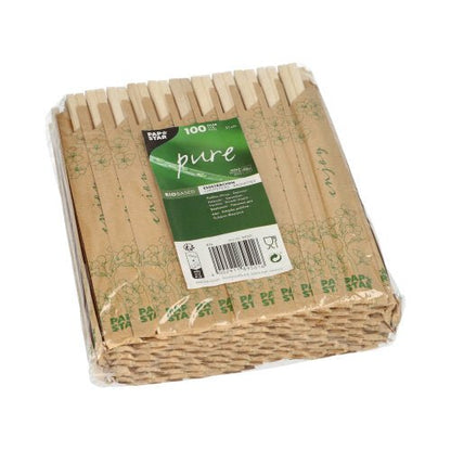 Een 100-pack PAPSTAR eetstokjes hout "pure", elk 21 cm en afzonderlijk verpakt in folie, van PAPSTAR GmbH toont milieuvriendelijke symbolen op groene en witte verpakking.