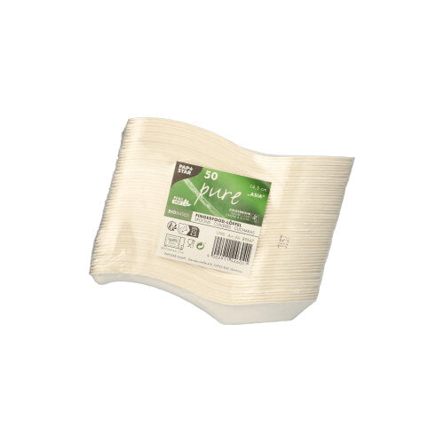 Een verpakking met 50 PAPSTAR fingerfood lepels suikerriet "pure" (14,5 cm, Azië-design) van PAPSTAR GmbH, gestapeld en verpakt in krimpfolie met een groen-wit eco-label dat aangeeft dat ze biologisch afbreekbaar zijn.