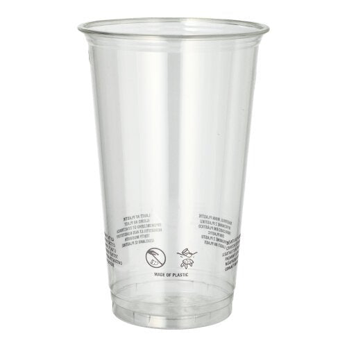 De Starpak 50 drinkbeker R-PET glashelder van Starpak is een heldere, conische beker met opdruk aan de onderkant, ideaal voor milieuvriendelijk serveren van dranken en afgebeeld op een witte achtergrond.