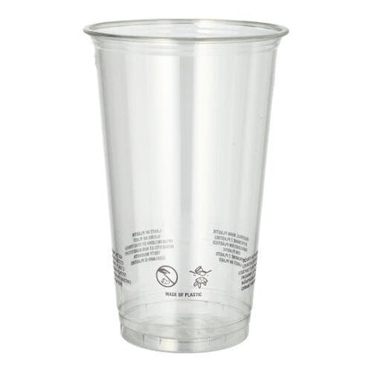De Starpak 50 drinkbeker R-PET glashelder van Starpak is een heldere, conische beker met opdruk aan de onderkant, ideaal voor milieuvriendelijk serveren van dranken en afgebeeld op een witte achtergrond.