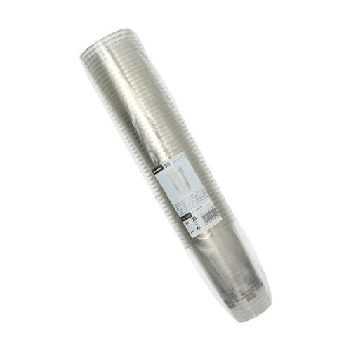 Een verzegelde stapel van 50 Starpak drinkbekers R-PET glashelder van Starpak, verpakt in plastic, schuin van bovenaf bekeken. De verpakking heeft een wit etiket met tekst en een barcode, ideaal voor milieuvriendelijke drankjes.