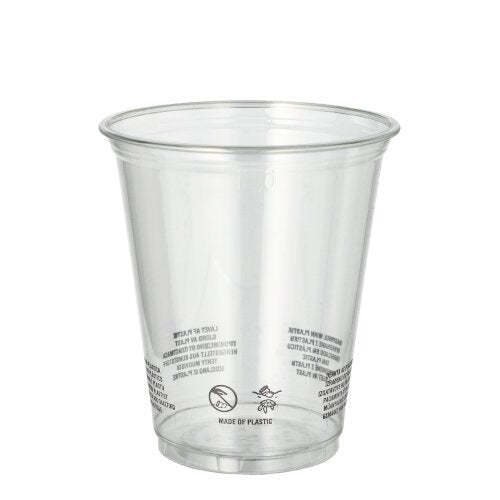 De Starpak 50 drinkbeker R-PET glashelder, een doorzichtige en milieuvriendelijke beker van Starpak, heeft recycling- en waarschuwingssymbolen aan de onderkant en staat rechtop op een witte achtergrond.
