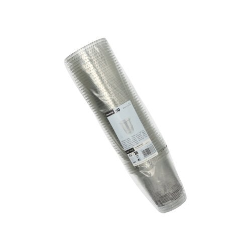 Een stapel Starpak 50 drinkbekers R-PET glashelder, gewikkeld in een transparante verpakking met een wit productinformatie-etiket - een milieuvriendelijke Starpak-keuze voor uw drankbehoeften.