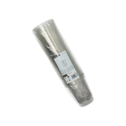 Een stapel Starpak 50 drinkbekers R-PET glashelder, gewikkeld in een transparante verpakking met een wit productinformatie-etiket - een milieuvriendelijke Starpak-keuze voor uw drankbehoeften.