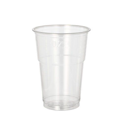 De Starpak 50 drinkbeker R-PET glashelder, een milieuvriendelijke doorzichtige beker van Starpak met een licht conische vorm, is afgebeeld tegen een eenvoudige witte achtergrond.
