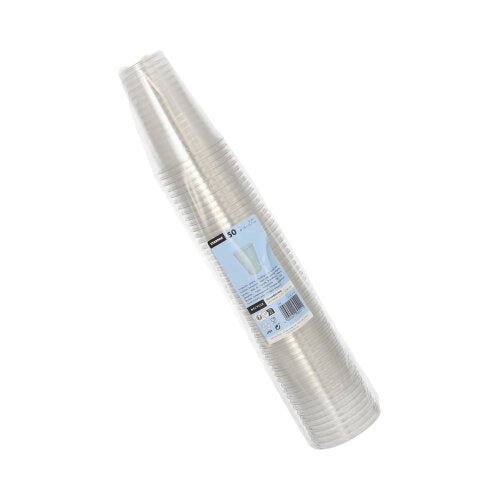 Een stapel Starpak 50 drinkbekers R-PET glashelder in doorzichtige folie met blauw-wit etiket - milieuvriendelijk, transparant en perfect voor elke gelegenheid.