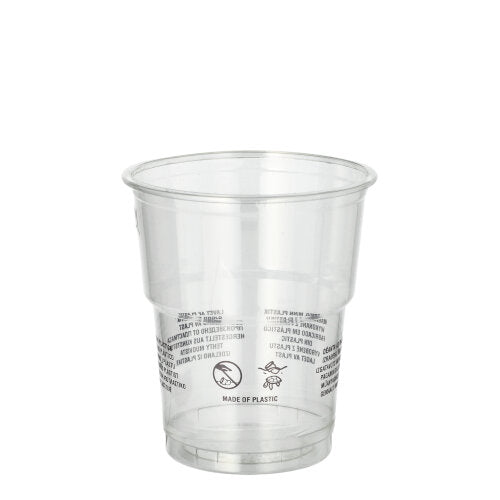 De Starpak 50 drinkbeker R-PET glashelder van Starpak is een kristalheldere, milieuvriendelijke beker met opdruk en symbolen aan de zijkant, afgebeeld op een eenvoudige witte achtergrond.