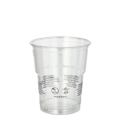 De Starpak 50 drinkbeker R-PET glashelder van Starpak is een kristalheldere, milieuvriendelijke beker met opdruk en symbolen aan de zijkant, afgebeeld op een eenvoudige witte achtergrond.