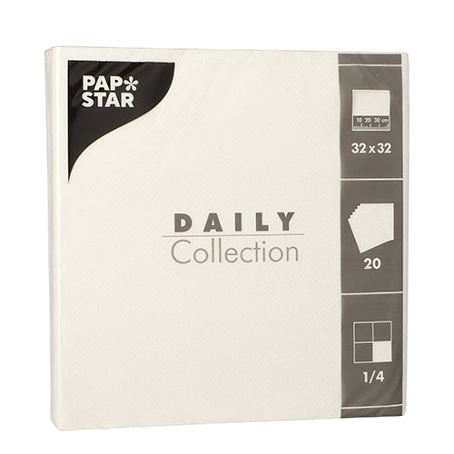 Een verpakking PAPSTAR 20 servetten "DAILY Collection" 1/4-vouw, 32 x 32 cm, wit van de PAPSTAR GmbH – ideaal voor de tafeldecoratie. Op de voorkant van de verpakking staan details over grootte en vouw.