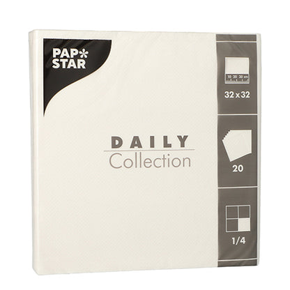 Een verpakking PAPSTAR 20 servetten "DAILY Collection" 1/4-vouw, 32 x 32 cm, wit van de PAPSTAR GmbH – ideaal voor de tafeldecoratie. Op de voorkant van de verpakking staan details over grootte en vouw.