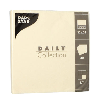 PAPSTAR 20 servetten "DAILY Collection", crème, 32x32 cm, 1/4-vouw van PAPSTAR GmbH - ideaal voor de tafeldecoratie; verpakking bevat 20 servetten, kwartvouw en branding.