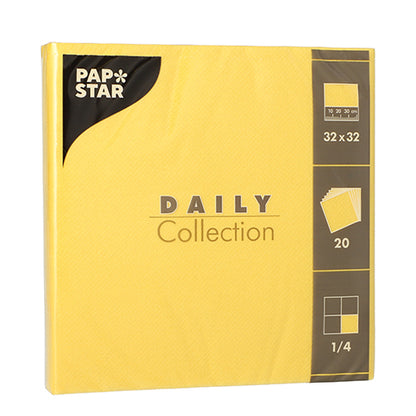 PAPSTAR GmbH 20 servetten "DAILY Collection", 1/4-vouw, 32 x 32 cm, geel – ideaal voor de tafeldecoratie. Vouw (1/4-vouw) en hoeveelheid (20 stuks) vindt u aan de rechterkant van de verpakking.