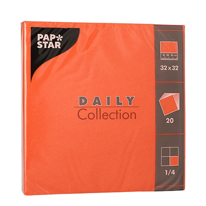 Een 20-pack oranje PAPSTAR servetten „DAILY Collection“ van de PAPSTAR GmbH, 1/4-vouw, elk 32 x 32 cm groot.