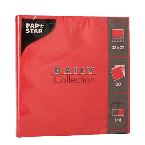 Een verpakking met 20 servetten van de PAPSTAR GmbH uit de „DAILY Collection“, 1/4-vouw, 32x32 cm, rood. De verpakking bevat symbolen en tekst met alle belangrijke details.
