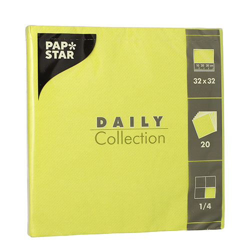 De verpakking „DAILY Collection“ van de PAPSTAR GmbH bevat 20 gele servetten met 1/4-vouw (32 x 32 cm); op de verpakking zijn symbolen met grootte-, hoeveelheid- en vouwgegevens aangebracht.