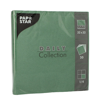 Een groene verpakking met 20 servetten "DAILY Collection" van PAPSTAR GmbH, 32 x 32 cm, 1/4-vouw - perfect voor een stijlvolle tafeldecoratie, met productdetails op de voorkant.