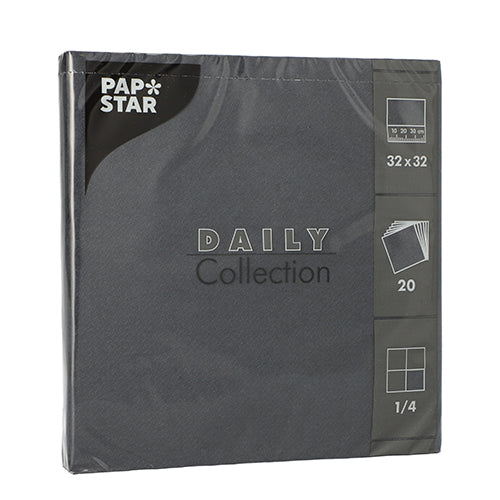 Een 20-pack servetten (1/4-vouw, 32x32 cm) van de PAPSTAR GmbH uit de „DAILY Collection“ in de kleur donkergrijs – ideaal voor een stijlvolle tafeldecoratie en voorzien van de merknaam PAPSTAR.