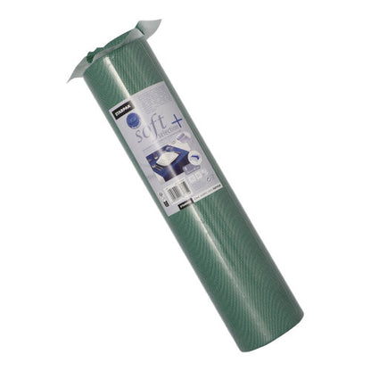 Een opgerolde Starpak-tafelloper (stofachtig, vlies „Soft Selection Plus“, 24 m x 40 cm) met uitvoerig etiket staat rechtop voor een witte achtergrond. De premium tafelloper is ideaal voor speciale gelegenheden.