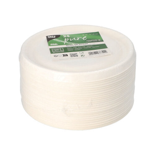 Een stapel van 25 witte PAPSTAR "pure"-deksels voor suikerrietschalen (Ø 17 cm), verpakt in transparante folie met branding - ideaal voor de comfortabele en milieuvriendelijke gastronomie van PAPSTAR GmbH.