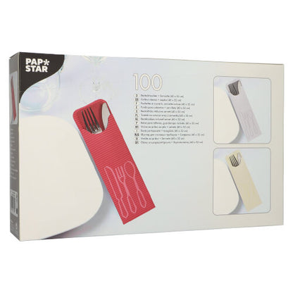Een doos met 100 PAPSTAR bestekzakjes (23,5 x 7,3 cm) met kleurrijke bistro-servetten, elk met bestekvakken – ideaal voor de horeca; van de PAPSTAR GmbH.