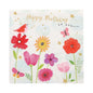Die Servietten PAPSTAR 20 Servietten 33x33 cm von PAPSTAR GmbH zeigen ein florales und festliches Design mit einem roten Vogel, Schmetterlingen, goldenen Sternen und dem Text "Happy Birthday to you..." auf weißem Hintergrund.
