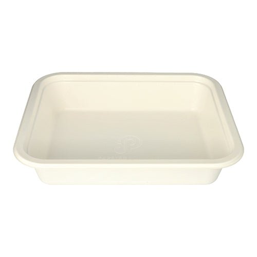 De PAPSTAR Gastronorm-container GN 1/2 is een rechthoekig, wit dienblad van suikerriet van de PAPSTAR GmbH, met afgeronde hoeken en licht verhoogde rand, afgebeeld op een witte achtergrond. De verpakking bevat 1 stuk.